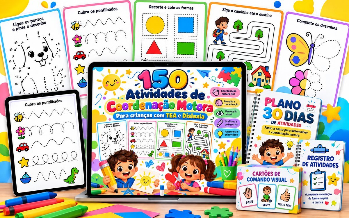 Material Pequenos Movimentos impresso e no tablet: fichas de ligar pontos, pontilhados, recorte e labirinto, com os bônus Plano de 30 dias, Cartões de comando visual e Registro de atividades